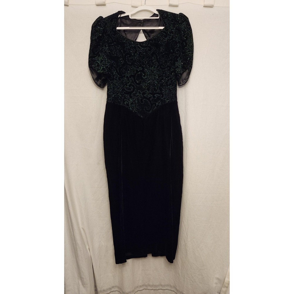 Vtg Scott McClintock Dress 12 (L) Black Velvet GreenGlitter Puff Sleeve 80s Wow!